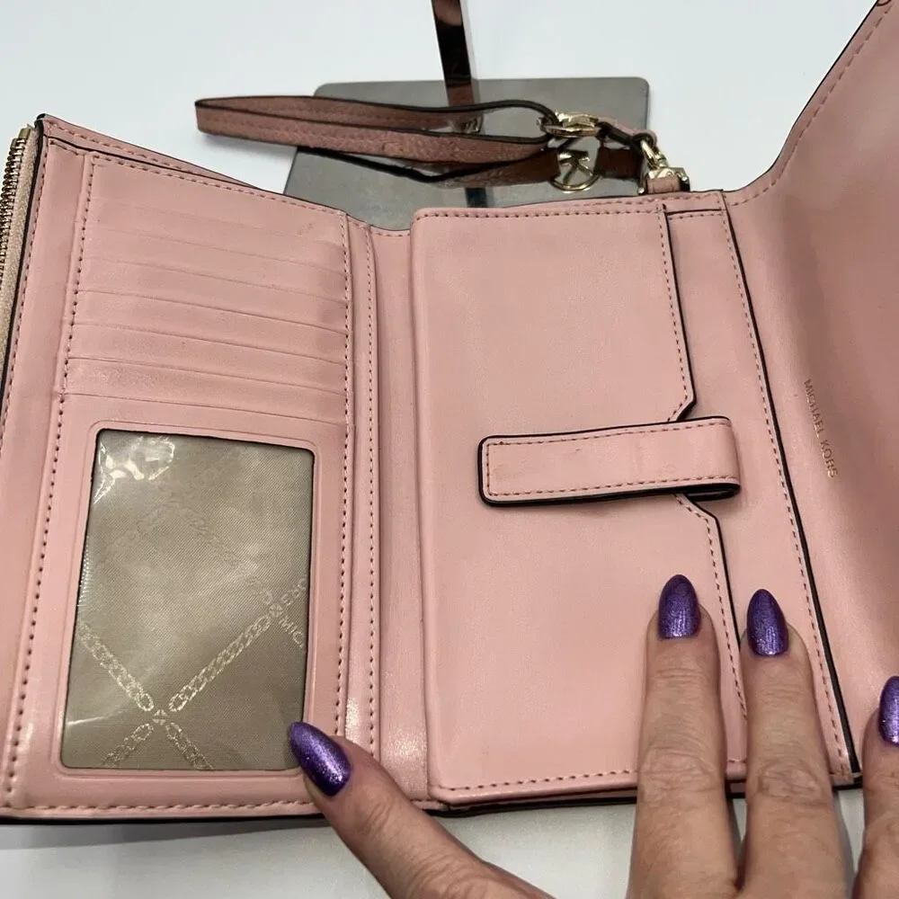 Michael Kors Long Wallet/Phone Holder Wristlet in Blush Soft Leather